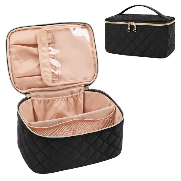 OCHEAL Portable Cosmetic Bag, Large Capacity Travel Makeup Case Organizer, Rhombus Black Toiletry Bag for Girls