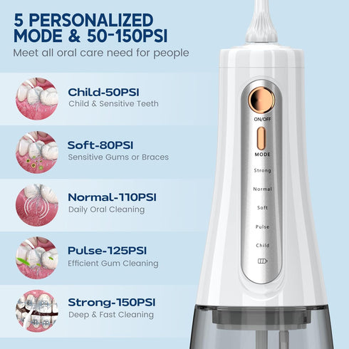 350ML Cordless Water Flosser, Dental Flosser Picks for Teeth Cleaning with 6 Jet Tips & 5 Pressure Modes (White)