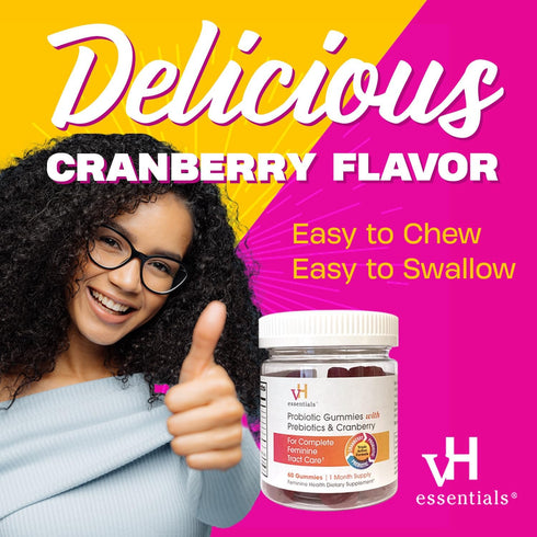 vH essentials Probiotic Gummies, 60 Count with Prebiotics & Cranberry for Urinary Tract Health and Vaginal Microflora