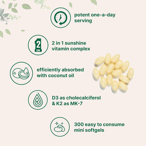 Micro Ingredients Vitamin D3 5000 IU Plus K2 (MK-7) 100 mcg - 300 Virgin Coconut Oil Softgels for Bone and Immune Health