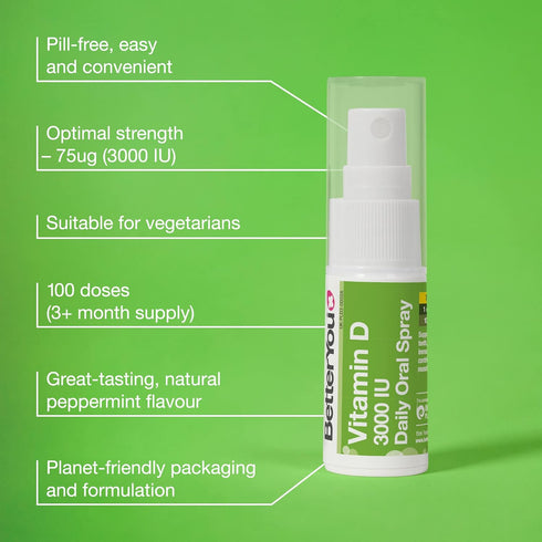 BetterYou Vitamin D3 Spray Liquid, 3000 IU Strength per Single Spray, 0.507 Fl Ounce (100 Sprays), Peppermint Flavour,