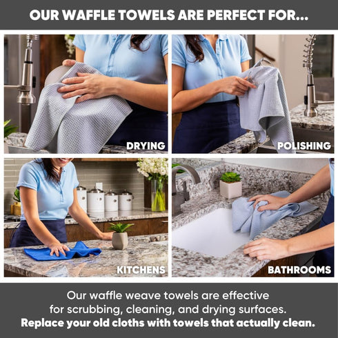 Microfiber Waffle Weave Kitchen Towels | Blue | 16 x 16 in. (6 Pack) | Absorbent, Reusable, Soft