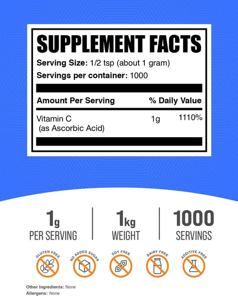 Immune 1g 1kg (2.2 lbs) (Pack 1) BulkSupplements.com Ascorbic Acid Powder - Vitamin C Supplement, for Support