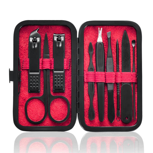 Manicure Set 9 in 1 Stainless Steel - Nail Clippers, Scissors, Pedicure Tools Kit with Black/Red Leather Case