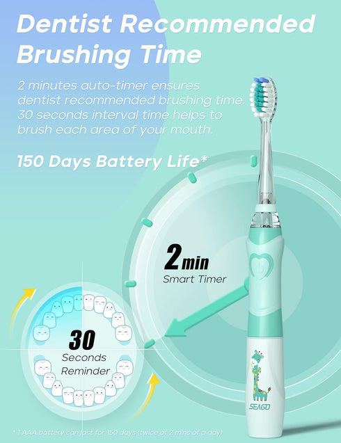 SEAGO Kids Electric Toothbrush with 2 Mins Timer and 4 Replacement Brush Heads, Green Color for Boys, Battery Powered