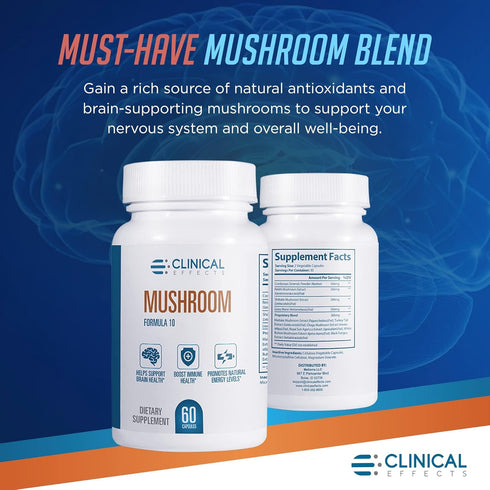Clinical Effects Mushroom Formula 10, Natural Supplement for Focus, Mood, Brain Booster Support, 60 Veggie Capsules