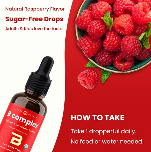 USDA Organic Vitamin B Complex Liquid Drops | B Vitamins Supplement with B1, B2, B3, B6, B7, B9 & Methyl B12