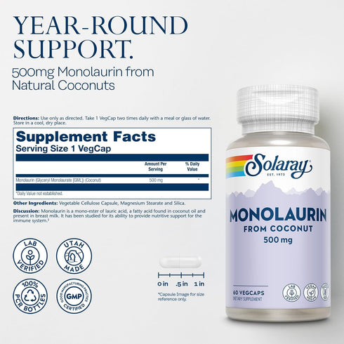 SOLARAY Monolaurin 500mg from Natural Coconut, Supplement for Nutritive Support, 60 Servings, 60 VegCaps