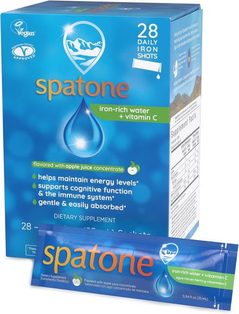 Spatone Natural Liquid Iron Supplement Plus Vit C for Women, Men & Kids Ages 4+, 28-Day, Apple Flavor
