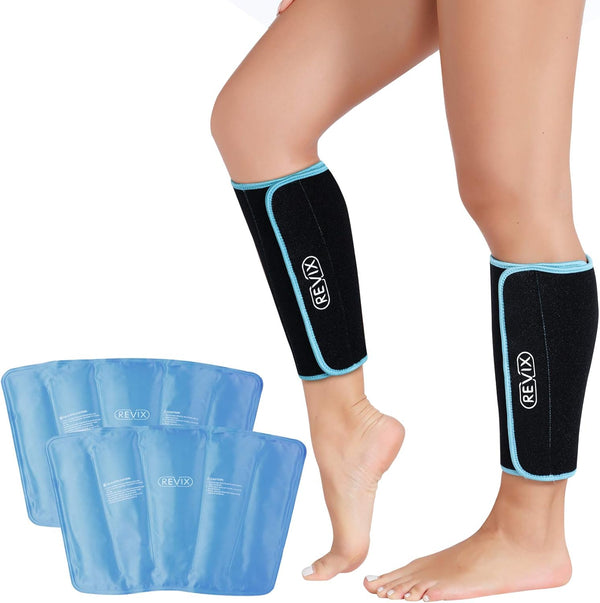REVIX Calf and Shin Ice Packs for Injuries - Reusable Cold Compression Sleeve for Swelling, Bruises, Sprains (2 Packs)