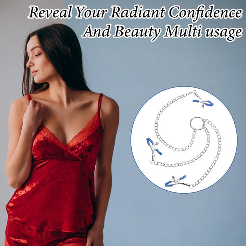 Quilax 3 Adjustable Non Piercing Nipple Clamps Y Necklace for Women Men, Body Jewelry with Soft Silicone Pads, Clips