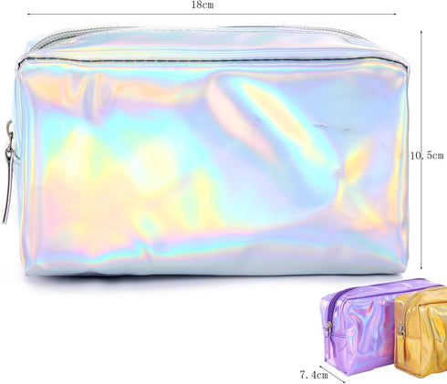 Teensery PU Leather Holographic Makeup Pouch, Waterproof Toiletries Organizer Pen Bag for Women and Girls, Purple