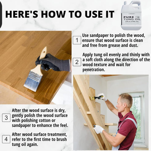 32 OZ Pure Tung Oil for Wood Finishing with Wood Brush, Waterproof Wood Sealer Indoor and Outdoor, 100% Pure Natural Tung Oil for Unfinished Bare Wood, Such as Wood Furniture, Wood Floors
