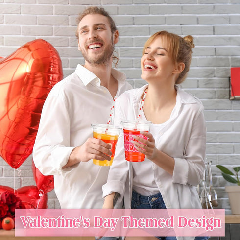 Yaomiao 300 12 oz Set Pcs Valentine's Day Plastic Party Cups with Lids and Straw Valentine's Day Plastic Cup Heart
