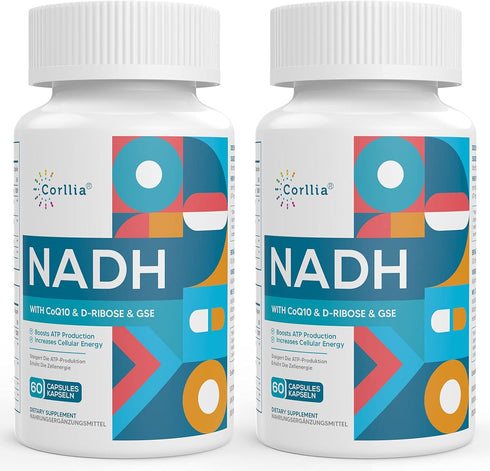 NADH 50mg + CoQ10 200mg + D-Ribose 150mg Supplement for Energy & Fatigue, 120 Veggie Capsules