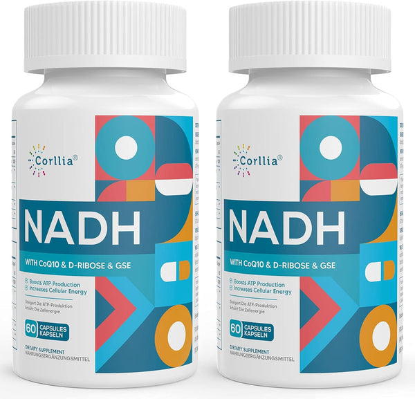NADH 50mg + CoQ10 200mg + D-Ribose 150mg Supplement for Energy & Fatigue, 120 Veggie Capsules