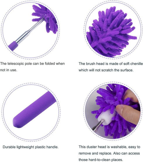 MECCANIXITY Microfiber Duster for Cleaning - 11 to 31 Inch Washable Extendable Brush for Window and Furniture (Purple)