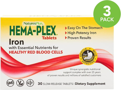 NaturesPlus Hema-Plex Iron - 30 Sustained Release Tablets, Pack of 2, 85 mg Elemental Iron with Vitamin C - 60 Servings