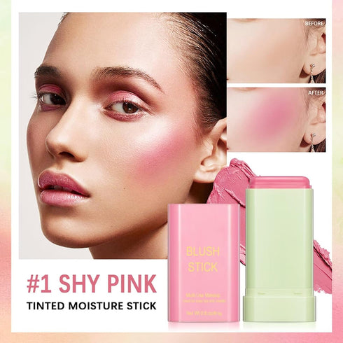 Multi-Use Makeup Blush Stick - Waterproof Tinted Moisturizer for Eyes, Lips, and Cheeks in Shy Pink