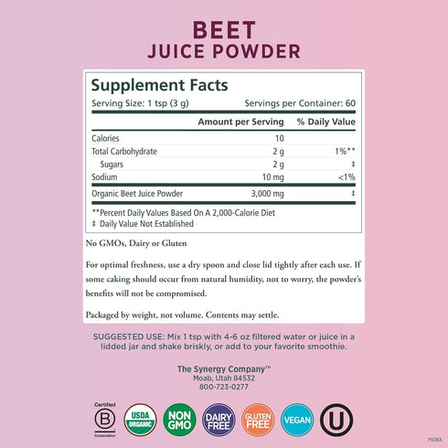 PURE SYNERGY Organic Beet Juice Powder | Pre-Workout Supplement for Healthy Circulation, 6.4 oz