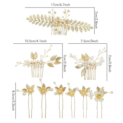 inSowni 21 Pack Gold Leaf Flower Bridal Wedding Hair Combs + U-shaped Pearls Hair Pins Accessories