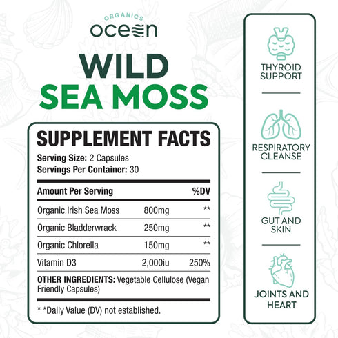 Wild Sea Moss Capsules - 100% Organic Irish Sea Moss with Chlorella, Bladderwrack, Vitamin D for Energy, Lung Health,
