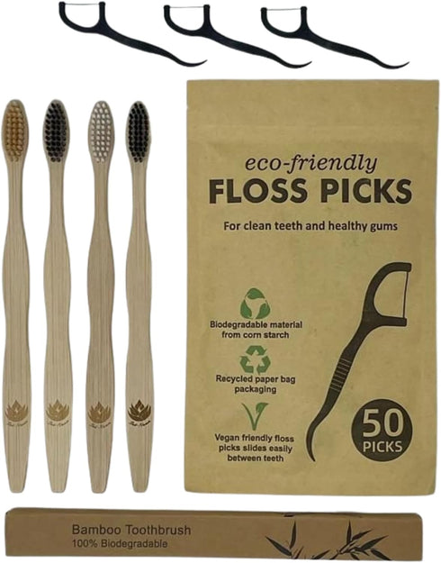 Sofi's Cute Corner Bamboo Toothbrushes, Soft Charcoal Bristles 4 Pcs, Eco Friendly Dental Floss Pick, Charcoal Thread