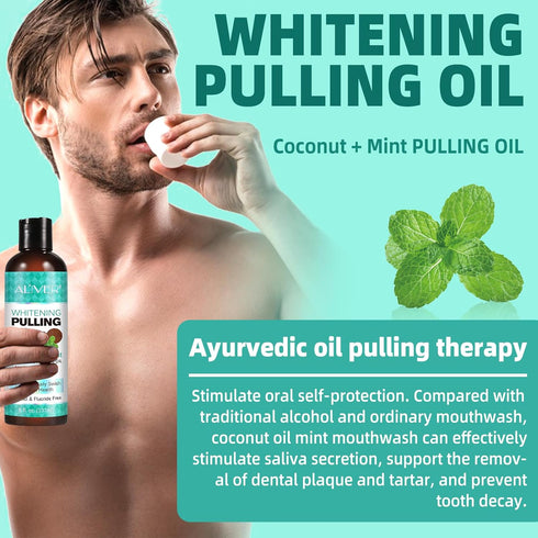 Coconut Pulling Oil 2Pack, Mint Oil Pulling Mouthwash with Tongue Scraper for Teeth Whitening and Fresh Breath