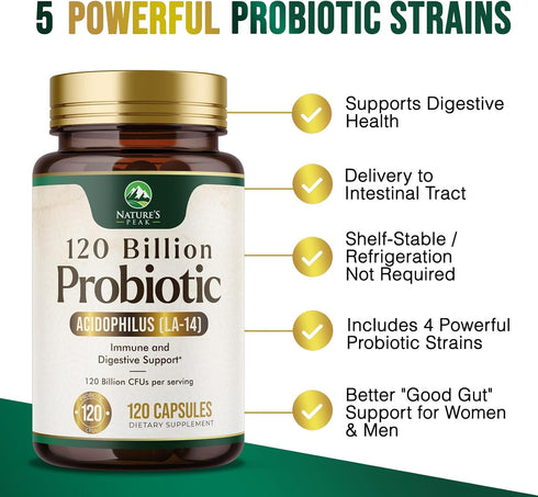 Probiotics for Digestive Health | 120 Capsules | 120 Billion CFU for Women's Vaginal pH & Daily Immune Support,