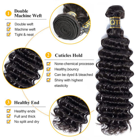QTHAIR 16A Brazilian Virgin Hair Deep Wave Bundles, 100% Unprocessed Deep Curly Human Hair Weave, Natural Color