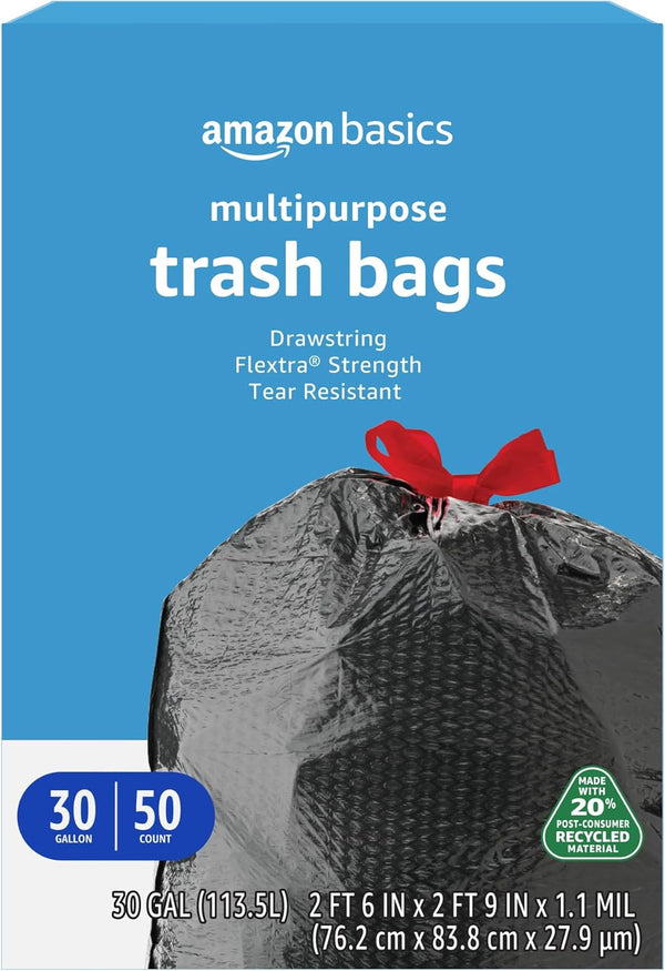 Amazon Basics Flextra Multipurpose Drawstring Trash Bags, 30 Gallon, 50 Count, 20% Post Consumer Recycled