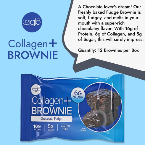 321glo Collagen Protein Brownie, Gluten Free, Low Sugar Keto Snack, 16g Protein, 6g Collagen, 12 Pack