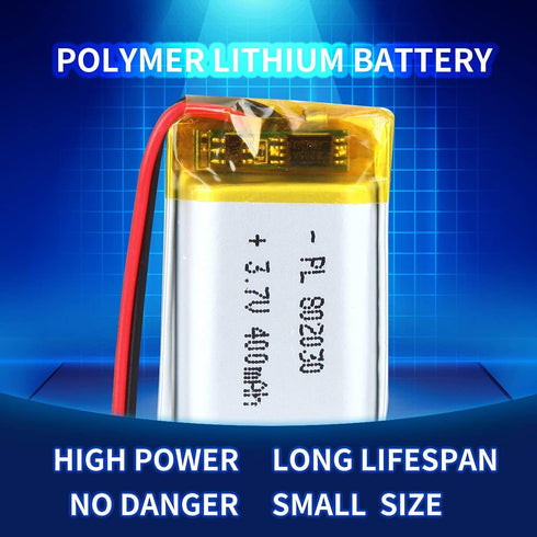 3.7V 400mAh 802030 Lithium Polymer Ion Rechargeable Li-ion Battery with 2P PH 2.0mm Pitch Connector