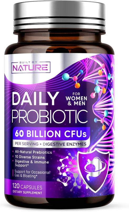Built by Nature Probiotic - 60 Billion CFU with 10 Strains, Plus 8 Diverse Digestive Enzymes, and 4 Sources of