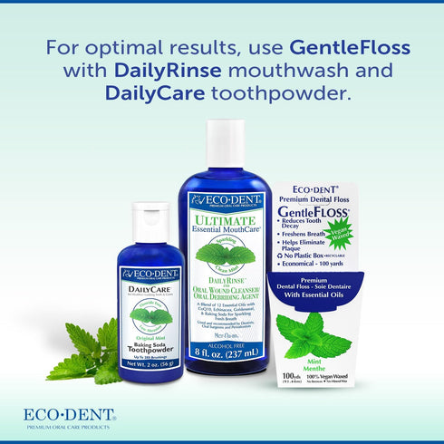 Eco-Dent GentleFloss Dental Floss, Waxed, Mint - Vegan Plant-Based Wax, 100 Yds Each (Pack of 6)