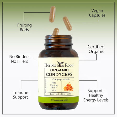 Immune 60 Herbal Roots Organic Cordyceps - Fruiting Body Extract Mushroom Capsules - & Energy Support - Vegan Capsules
