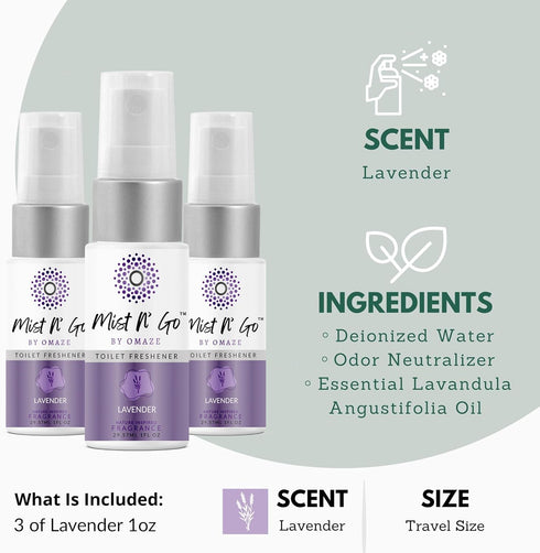 Mist N’ Go by Omaze Travel Bathroom Spray, 1oz x3 - Toilet Odor Eliminator, Lavender Travel Size