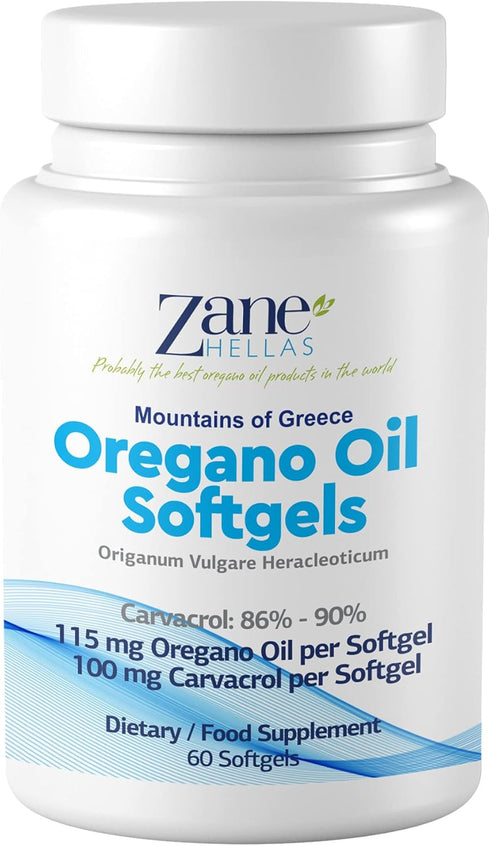 Zane Hellas Oregano Oil Softgels, Extra Strength, 20% Greek Essential Oil of Oregano, 60 Softgels