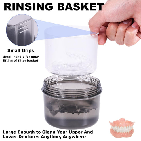 Denture Case, Leak Proof Bath Cup for Travel, Transparent Grey Container for Soaking Dentures