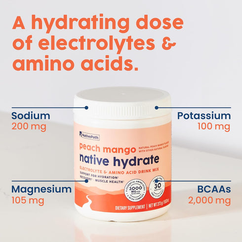 NativePath Hydrate Electrolytes Powder, Zero Sugar with BCAAs, Peach Mango Flavor, Keto & Paleo Friendly, 30 Servings