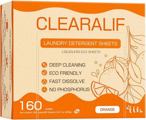 CLEARALIF Laundry Detergent Sheets, Up to 160 Loads, Eco-Friendly & Hypoallergenic, Orange - Great For Travel