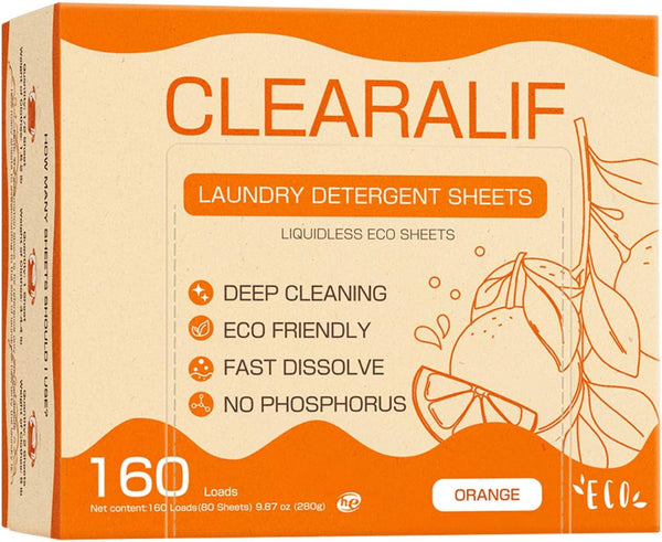 CLEARALIF Laundry Detergent Sheets, Up to 160 Loads, Eco-Friendly & Hypoallergenic, Orange - Great For Travel