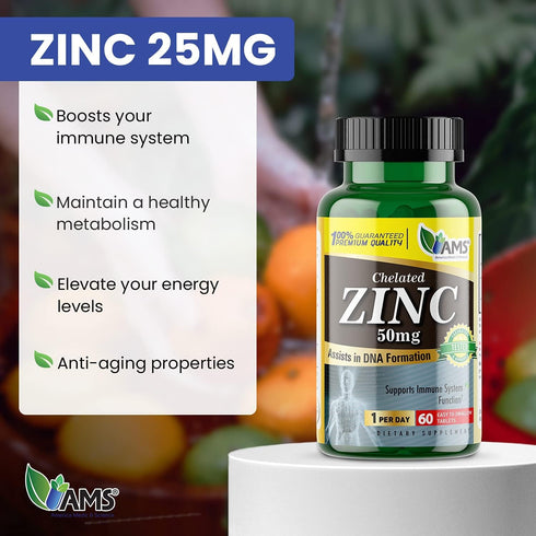 America Medic & Science Chelated Zinc 50 mg Supplements (3 Pack of 60 Tablets) Immune Booster and Powerful Antioxidant Pills for Adults Men and Women | Highly Absorbable Mineral, Improves Mood & Sleep