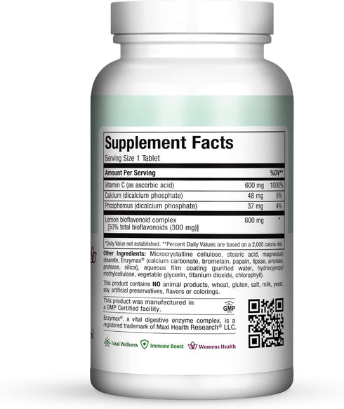 Maxi-Health Pure-C-Bio 600 with Bioflavonoids, 180 Tablets, Kosher