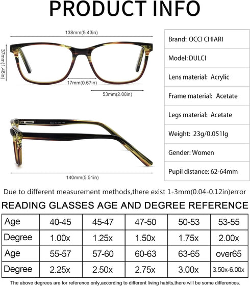 OCCI CHIARI Anti Blue Light Reading Glasses, Rx Frame 1.0 to 4.0 for Computer Games, Eyewear for All Ages