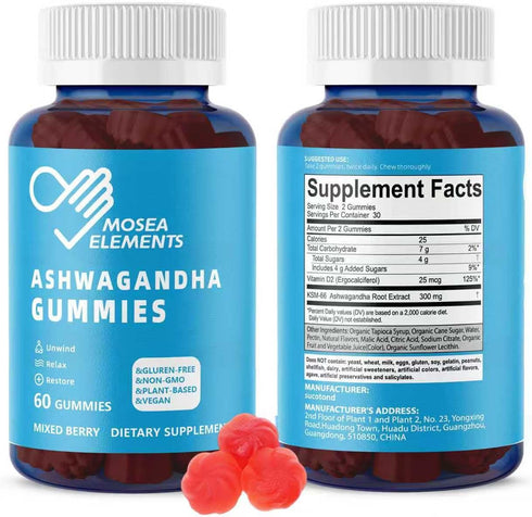 MOSEA ELEMENTS 2 Pack Gummies Gummy, 120 Gummies Ashwagandha & Vitamin D for Men & Women - Relax & Restore, Ashwa Root