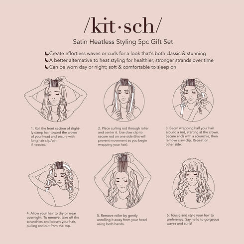 Kitsch Satin Heatless Hair Styling Gift Set - 5pc Satin Heatless Curling Set, Ceramic Thermal Hair Roller & Claw Clip