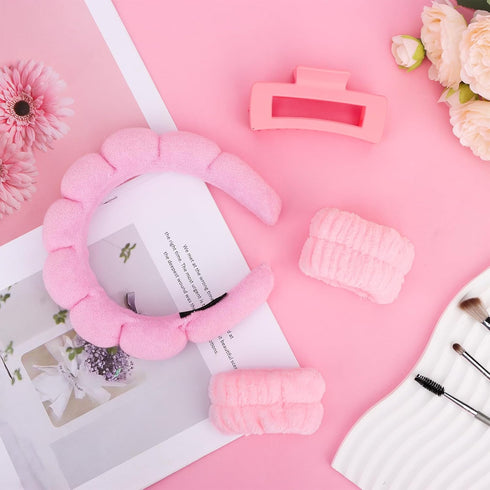 Wecoe Spa Headband Set - Skincare Headband, Hair Clips, Pink Puffy Makeup Headband, Scrunchies, Wrist Towels