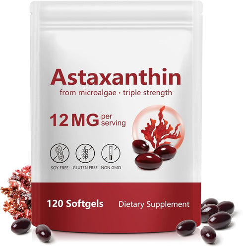 Xaarty Premium Astaxanthin 12mg, Natural Antioxidant Supplement for Eye, Joint, Skin Health,Microalgae Source,