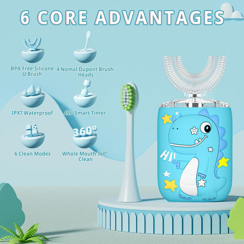 PVOGRT 4 6 IPX7 360 Age8-15 Kids Electric U Shaped Toothbrush,Kids Dinosaur Sonic Full Mouth Toothbrush with Soft Brush
